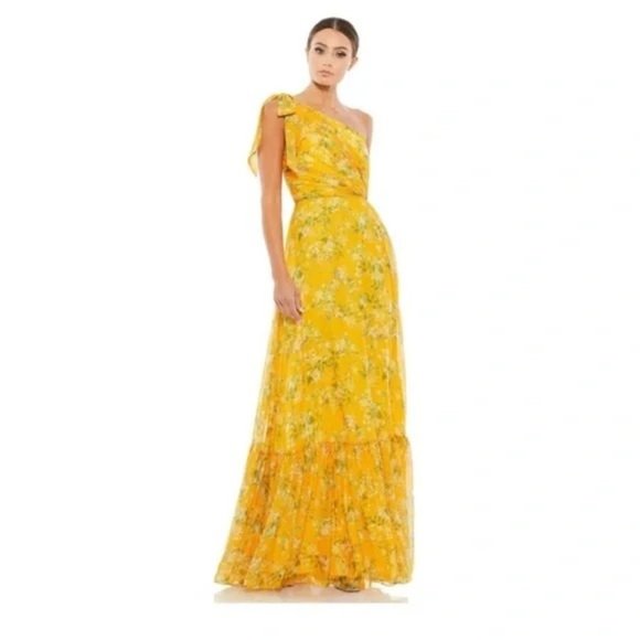 Mac Duggal One Shoulder Bow Maxi Dress Yellow Floral Tiered Ruffled Size 4 NWT - Picture 2 of 9